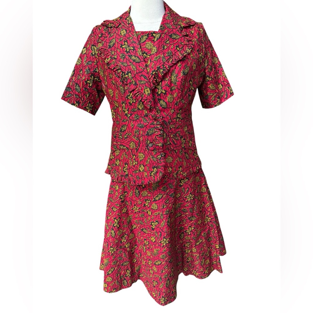 1970s Vibrant Floral 2-Piece‎ Hi-Low Dress & Blazer